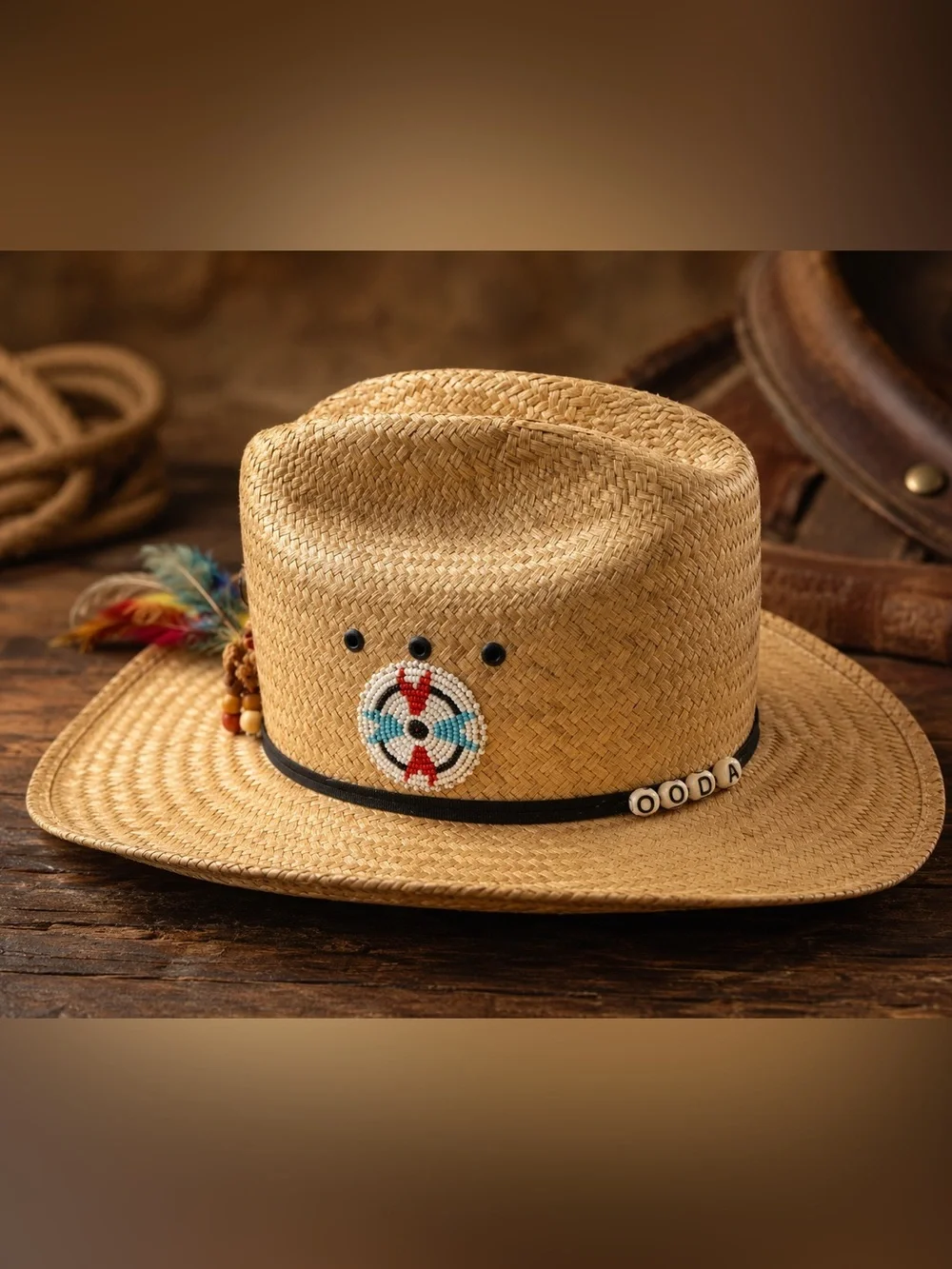 Texas hat Company Straw Cowboy Hat Oodahekrwees Tribe Beaded Thunderbird  7 1/8